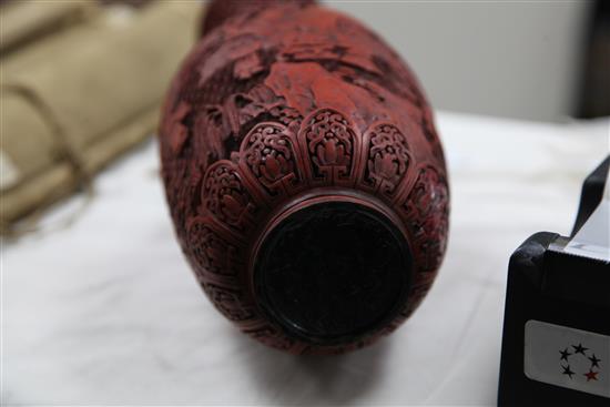 A Chinese cinnabar lacquer vase and a similar rectangular box and cover, 35cm and 9cm